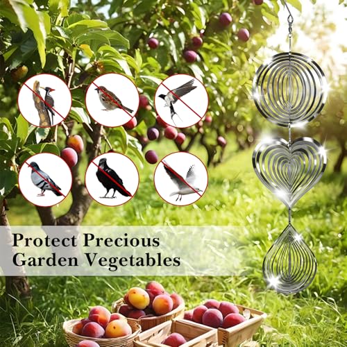 CHONOVO Stainless Steel Reflective Device, Round Bird Devices Set Highly Reflective 3D Wind Spinners Outdoor Garden Decor for Outside Window Roof Yard Orchards 12 Discs 4 Pcs - size: (Round+Heart+Waterdrop) 12 Discs 4 Pcs