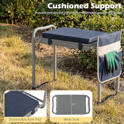 Goplus Foldable Garden Kneeler and Seat, 11" Wide 2-in-1 Gardening Bench, Detachable Thick EVA Foam Pad, 350 lbs Heavy-Duty Metal Frame, Tool Pouch, Portable Stool, Gardening Kit for Seniors (Blue) - color: Blue, style: With Kneeling Pad