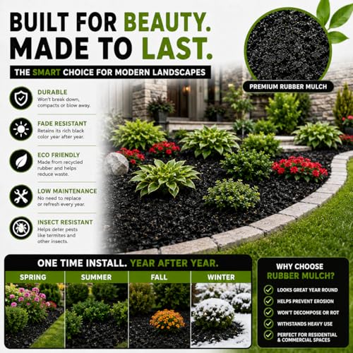 Premium Black Rubber Mulch 4 QT – Long Lasting Decorative Landscaping Ground Cover, Recycled Rubber Chips for Gardens, Flower Beds, Plants & Pathways, Fade Resistant Outdoor Mulch