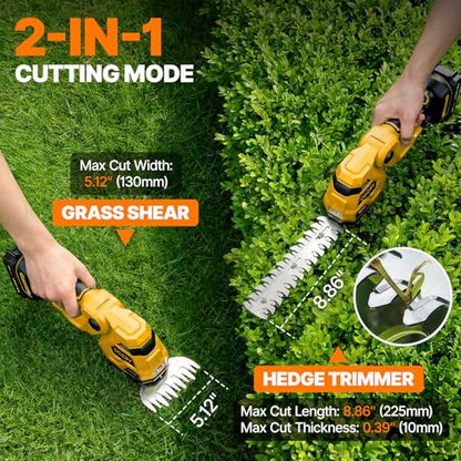OGERY 21V Cordless Hedge Trimmer & Grass Shears, 2-in-1 Powerful Dual Batteries Electric Bush Trimmer with 8.9” Hedge Blade & 5.1” Grass Trimmer, Adjustable Angle, Lightweight for Garden & Lawn Care