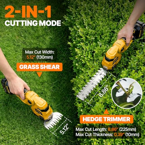 OGERY 21V Cordless Hedge Trimmer & Grass Shears, 2-in-1 Powerful Dual Batteries Electric Bush Trimmer with 8.9” Hedge Blade & 5.1” Grass Trimmer, Adjustable Angle, Lightweight for Garden & Lawn Care