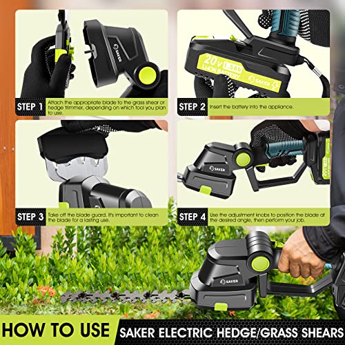 Saker 20V Cordless Hedge Trimmer,2 in 1 Bush Trimmer with 2 Battery - color: GREEN HEDGE TRIMMER+2 BATTERIES