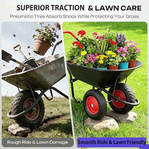 2 Wheel Wheelbarrow, Dual-Wheel Garden Dump Cart with 13" Non-Slip Pneumatic Tires & Ergonomic Padded Handle, Heavy-Duty Home Utility Yard Cart Wagon with 4.5 Cu Ft Capacity for Lawn, Gardening - color: 4.5cbf|black
