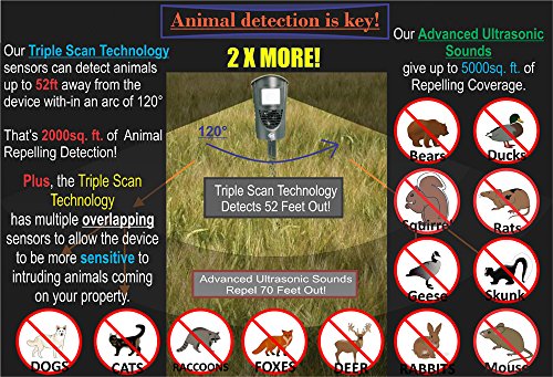 Cleanrth TSAR520 Advanced Ultrasonic Animal Repeller – Triple Scan Technology for Powerful Deterrence of Raccoons, Squirrels, Dogs, Cats, Badgers, Rabbits, Deer, Coyotes, and More