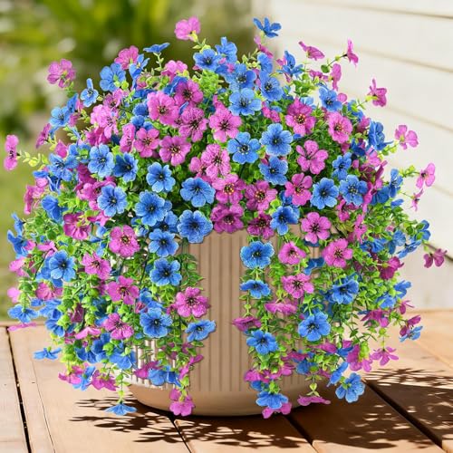 INQCMY 2 Pcs Artificial Fake Hanging Flowers for Outdoors UV Resistant - color: Purple Blue