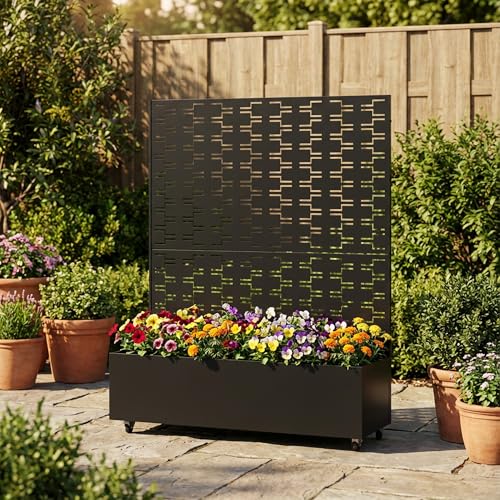 Metal Raised Garden Bed with Trellis and Wheels, 47"x47"x16" (Black-Brick) - color: Black-brick, size: 47"x47"x16"