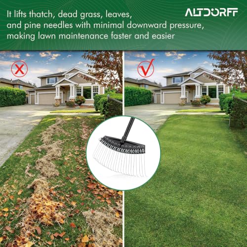 Altdorff Thatch Rake with Thin Hook Design Glides, Dethatcher Rake for Lawns with 66.9’’ Steel Handle, Dethatching Thatching Rake for Pine Needles, Dead Grass, Garden Debris