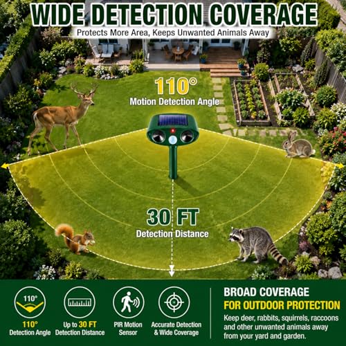 4 Pack Deer Repellent Devices,Cat Repellent Outdoor Solar Ultrasonic Animal Repeller for Squirrel Racoon Rabbit Fox Skunk,IP65 Waterproof Motion Sensor Sonic Fortress Pro Animal Deterrent for Garden