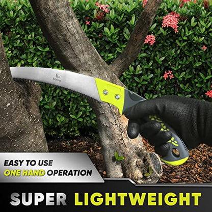 Konnig Professional Heavy Duty Pruning Saw, Comfort Handle with Saw Blade Enclosure - Japanese Design Hand Saw with FREE Garden Gloves - size: Razor Sharp 14.1" Curved