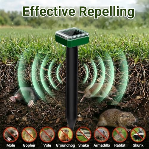 Solar Powered Mole Repeller Gopher Deterrent Outdoor Groundhog Repellent Ultrasonic Snake Armadillo Repeller Waterproof Effective for Yard Lawn Garden (8, Jade)
