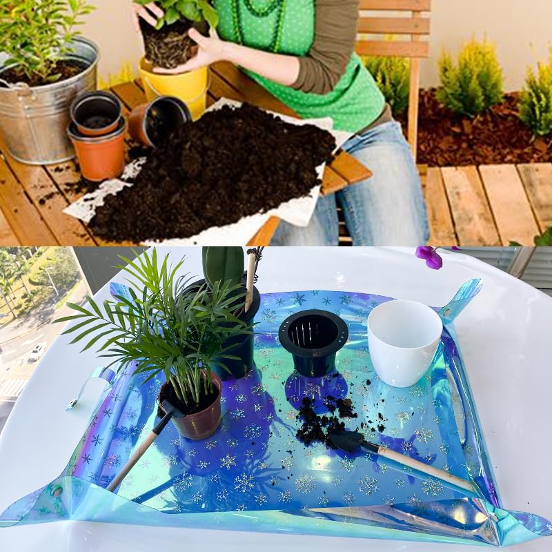 Kasepie Plant Repotting Mat, PVC, Foldable and Waterproof, Holographic Blue with Snowflake Design, 19 x 27 Inch (Blue+Cross Pattern) - color: Blue+cross Pattern