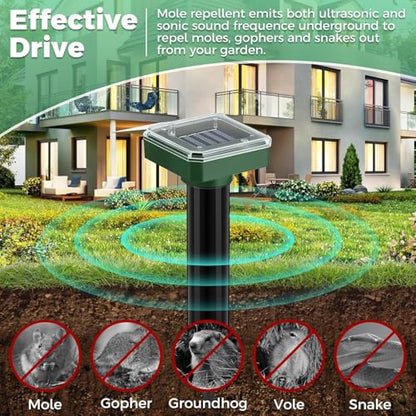 Mole Repellent Solar Powered Waterproof Sonic Spikes, Outdoor Long-Lasting Snake Repelling Stakes, Get Rid of Groundhog Chipmunk Vole for Lawns, Garden, Farm & Yard, 10 Pack