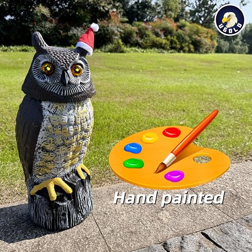 Solar Powered Owl, Motion Detection, Rotating Head, Realistic Hoots and Silent Mode, Outdoor Statue, Sculpture, Owl Decoration with a Christmas Hat for Home, Garden, Patio and Lawn