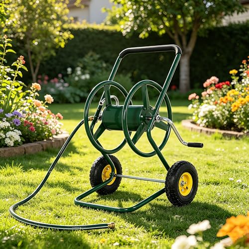Hose Reel Cart, 250FT 5/8" All-Terrain Mobile Water Hose Truck - color: Green