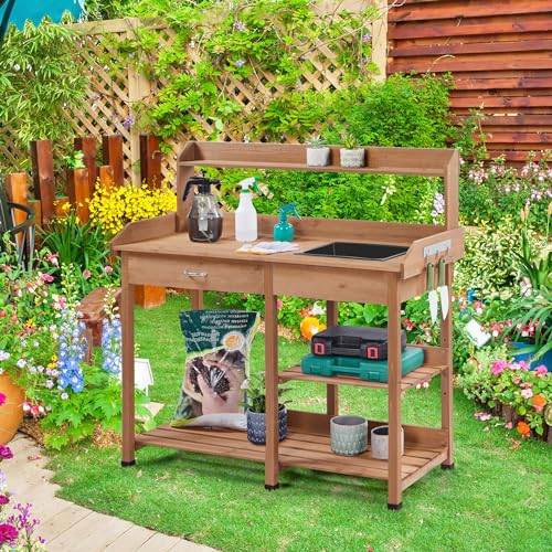 Yaheetech Potting Bench with Sink & Drawer, Outdoor Gardening Table, Brown - color: Brown