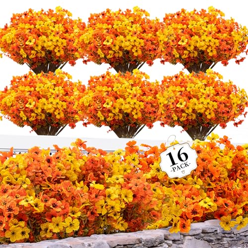 ColoPlay 16 Bundles Artificial Mums for Outdoors, Fake Flowers Fall Decor - color: Yellow Red Green, size: 16 PCS