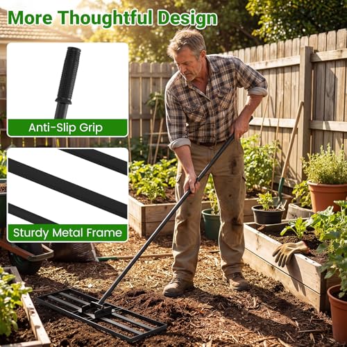 Goplus Lawn Leveling Rake, 30" x 10" Heavy Duty Level Lawn Tool w/ Ergonomic Handle for Soil, Effort-Saving Landscape Rake for Garden, Backyard, Golf Course, Farm, Pasture (Black) - color: Black