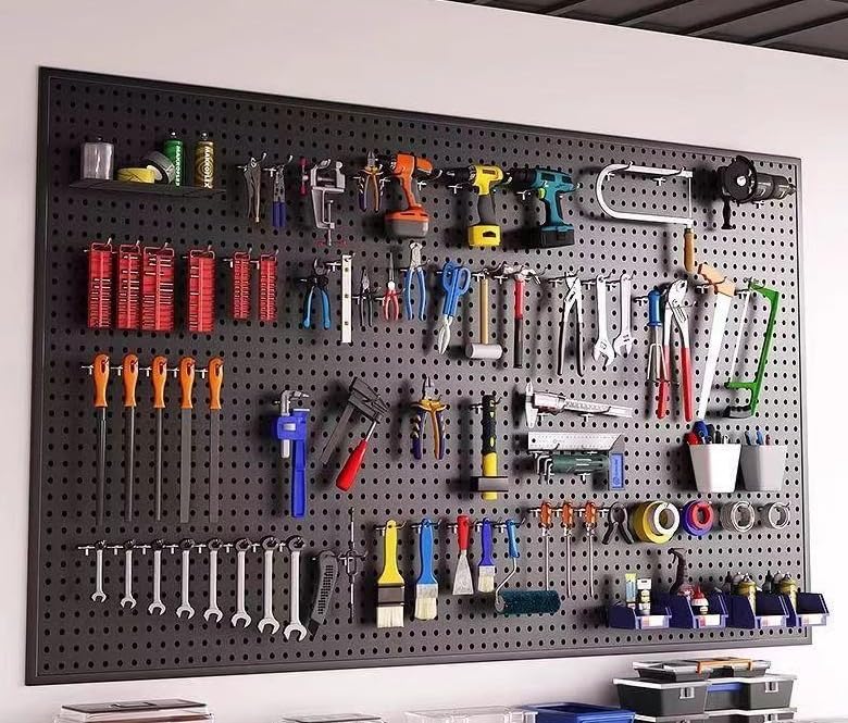Garden Tool Organizer Wall Mounted, Heavy Duty Metal Pegboard Storage Rack with 10 Hooks, Garage Shed Wall Storage for Tools and Gardening Supplies, Utility Storage Board 20" × 24"