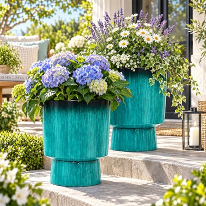 Autodaya 16.8" Faux Ceramic Planters for Outdoor Indoor Plants, Flower pots - color: 16.8"-teal Glazed & Black Rim