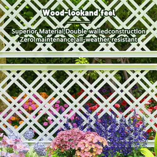 EasyUp Raised Garden Bed with Trellis for Climbing Plants, Outdoor Herb Planter Box with Drainage Plug & Water Gauge, Durable Resin for Patio, Balcony, Yard, Dust-Proof Garden Planter