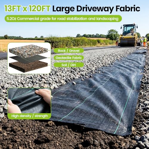 13x120ft Driveway Fabric, 5.2OZ Landscape Fabric for Weed Barrier & Gravel - size: 13x120 ft-5.2OZ