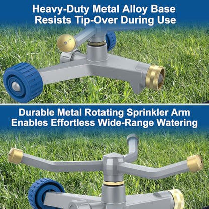Sprinklers for Yard, 3-Arm Metal Sprinkler with Wheel Base, 360-degree Automatic Rotary Lawn Sprinkler System for Garden Yard