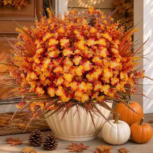 AXYLEX Artificial Fall Flowers Outdoor Fake Mums - color: Orangegreen
