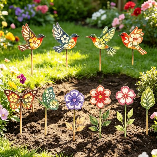 Garden Decor for Outside,10 PC Metal Flowers Hummingbird Butterfly Decorative Garden Stakes for Spring Decor,Yard Art Garden Decorations for Outdoor Lawn Porch Pathway,Gardening Gifts for Women