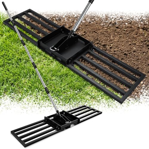 AugFir 2-in-1 Lawn Leveling Rake, Tamp and Lawn Leveler Tool，Heavy Duty Iron Dual-use 45” x 11” Base Plate with 76” Stainless Steel Handle, Quick Detach for Garden, Yard, Farm - color: Gray Black
