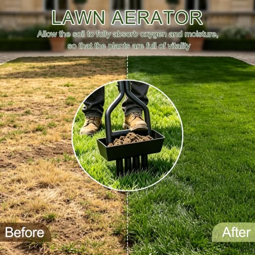 4-Tine Lawn Aerator with Soil Tray – 39.5" Manual Coring Tool for Grass, Yard & Compacted Soil – 4.5" Hollow Tines, Upgraded 4-Tine Design
