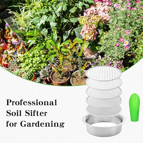 Stainless Steel Soil Sifter for Gardening,Sand Sifter Tool with Interchangeable Mesh Screens(1,3,6,9,12mm) and Scoop Shovel,Soil and Compost Screening Kit