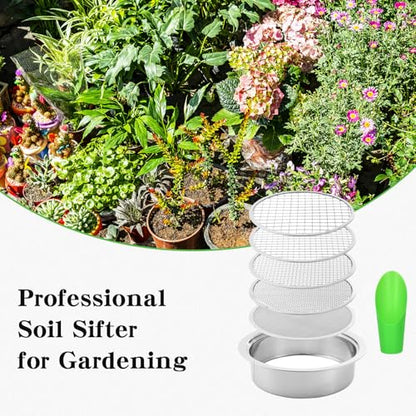 Stainless Steel Soil Sifter for Gardening,Sand Sifter Tool with Interchangeable Mesh Screens(1,3,6,9,12mm) and Scoop Shovel,Soil and Compost Screening Kit