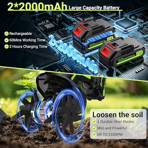 21V Cordless Tiller Cultivator for Gardening, Electric Garden Tiller Hand Tiller with 5.0Ah*2 Battery, Ergonomic Lightweight Handheld for Lawn Soil
