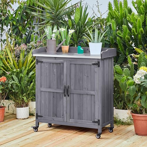 Topeakmart Potting Bench for Outside with Storage Cabinet & Metal Top,Gray - color: Gray