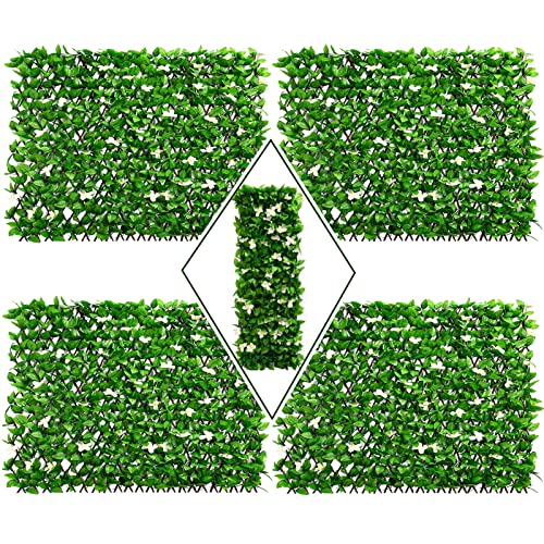 DOEWORKS Expandable Faux Ivy Trellis Fence, Patio Privacy Screen, 4 Pack - color: Green with White Flowers, size: 16 x 45 in, 4 Panel
