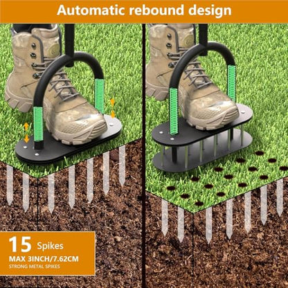 seasky Lawn Aerator, Manual Lawn Aerator Tool with Padded T-Handle, Wide Foot Plate & 15-3 Inch Solid Steel Spikes, Dual-Layer Design for Effortless Aeration in Lawn, Yard and Garden Soil