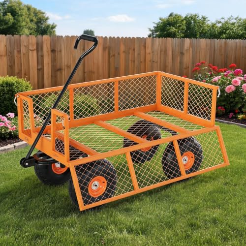 Heavy Duty Steel Garden Cart - 900 lbs Capacity Utility Wagon, 10" Wheels, Removable Mesh Sides, Flexible Handle for Yard, Lawn, Garden Tasks - Orange (Pantone 021C, HEX #FF7F00) | 900 pounds - color: Orange, size: 900 LBS