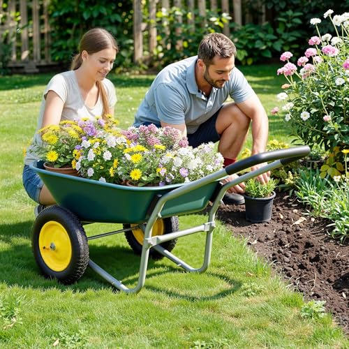 Autodaya Dual-Wheel Garden Cart, 14" Pneumatic Tires & Built-in Stand, 4.5 Cu Ft Utility Yard Wheelbarrow for Gardening, Soil, Construction, Easy Assembly - color: 330lb|dark Green-4.5 Cu Ft