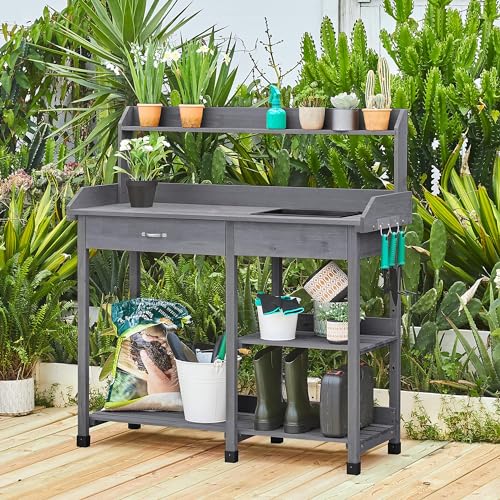 Yaheetech Potting Bench with Sink & Drawer, Outdoor Gardening Table, Gray - color: Gray