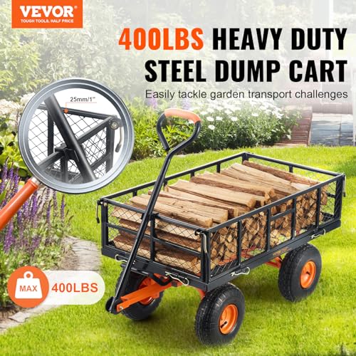 VEVOR 400lbs Steel Garden Dump Cart, Heavy Duty Garden Wagon Yard Dump Wagon with Removable Sides, Convert to Flatbed, Utility Liner, 10in All Terrain Wheels - size: 400 lbs
