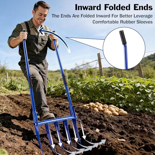 56'' Heavy Duty Broadfork for All the Soils, Detachable Design Pitchfork, 5 Sharp and Cambered 11'' Tines Bord Fork Garden Tool, Ergonomic Handles, Good Package, Easy Assembly, Blue.