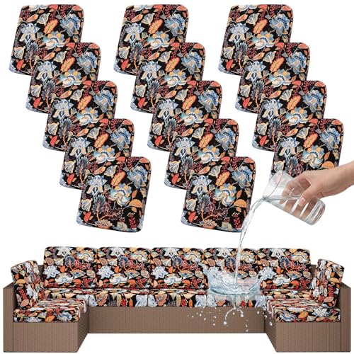 Smiry Waterproof Patio Cushion Covers, Stretch Outdoor Furniture Covers - color: Black and Orange, size: 14PCS
