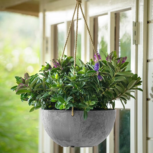 Root & Vessel Self Watering Hanging Planter for Indoor or Outdoor Plants, Unique Marbled Hanging Basket Made of Eco-Friendly Blend of Stone & Plastic, Gray, 10" - color: Gray, size: 10"