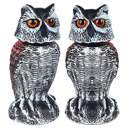 Hausse 2 Pack Fake Owl Decoy Bird Scarecrow Sculpture, Rotating Head Plastic Owl Bird Deterrents, Nature Enemy Horned Pest Repellent for Outdoor Garden Yard - size: 2 Pack, 10.6 Inch