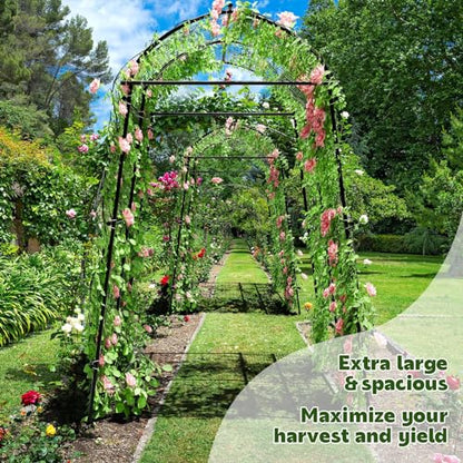 AGTEK 87" H×65" W Metal Garden Arch Trellis with Nylon Netting, 60LBS Load, Adjustable Width for Climbing Plants - size: 65"W x 87"H