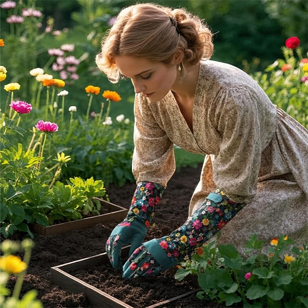 Gardening Gloves for Women, Long Garden Gloves with Grip, Thorn-Proof, Gift - color: Dark Green - Flower