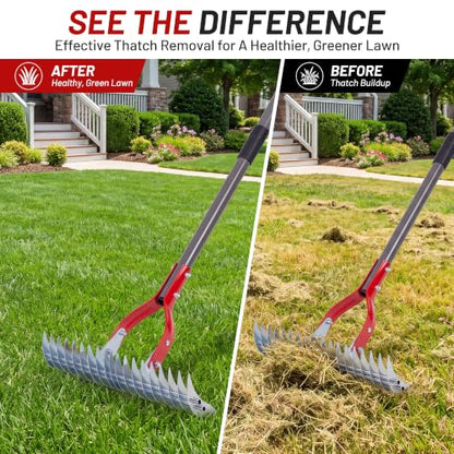 Suchtale Thatch Rake for Lawn, 15" Adjustable Manual Dethatcher Rake