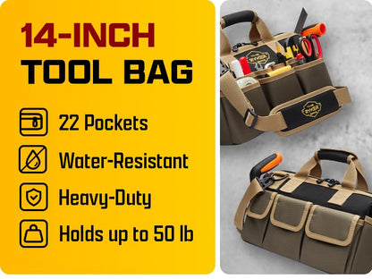 Ryker 14’’ Heavy Duty Tool Bag. Tool Box Organizer for Electricians & HVAC - color: Khaki