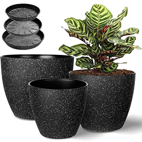 Vanavazon Plant Pots 9/8/7 Inch Set of 3 Flower Pots Indoor Outdoor Plastic Planters with Drainage Hole and Tray (Speckled Black) - color: Black