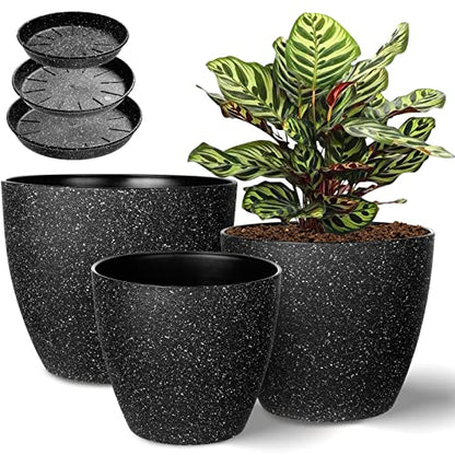 Vanavazon Plant Pots 9/8/7 Inch Set of 3 Flower Pots Indoor Outdoor Plastic Planters with Drainage Hole and Tray (Speckled Black) - color: Black